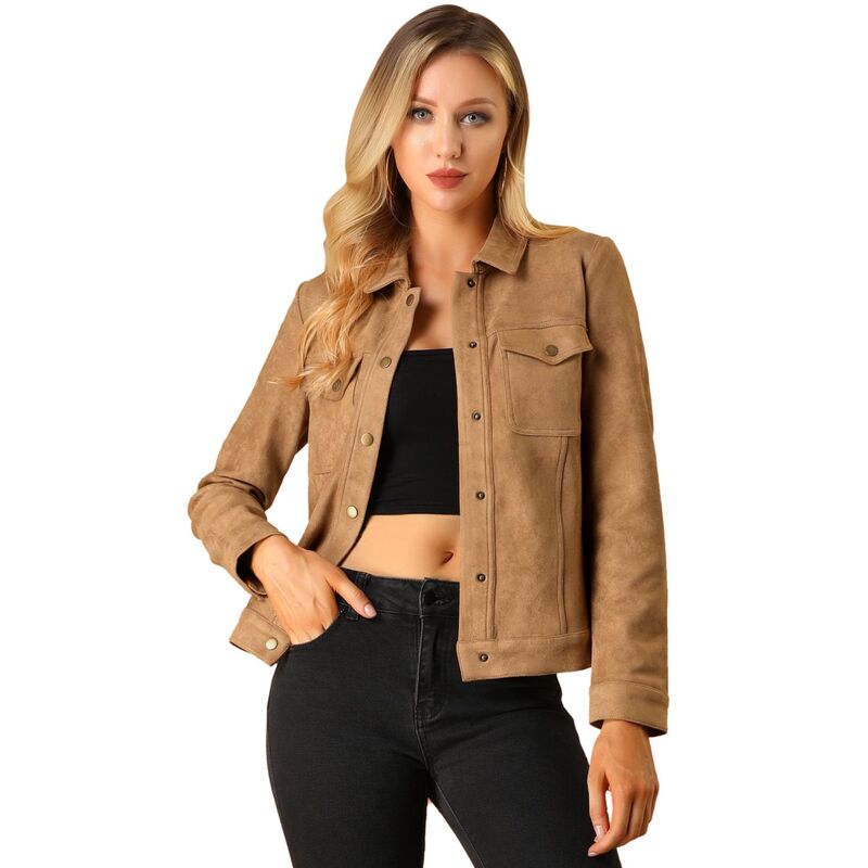 アレグラ ケー レディース アウター ジャケット・ブルゾン スエード ALLEGRA K Women's Jackets Long Sleeve Faux Suede Trucker Motorcycle Jacket Brown ブラウン｜ReVida 店