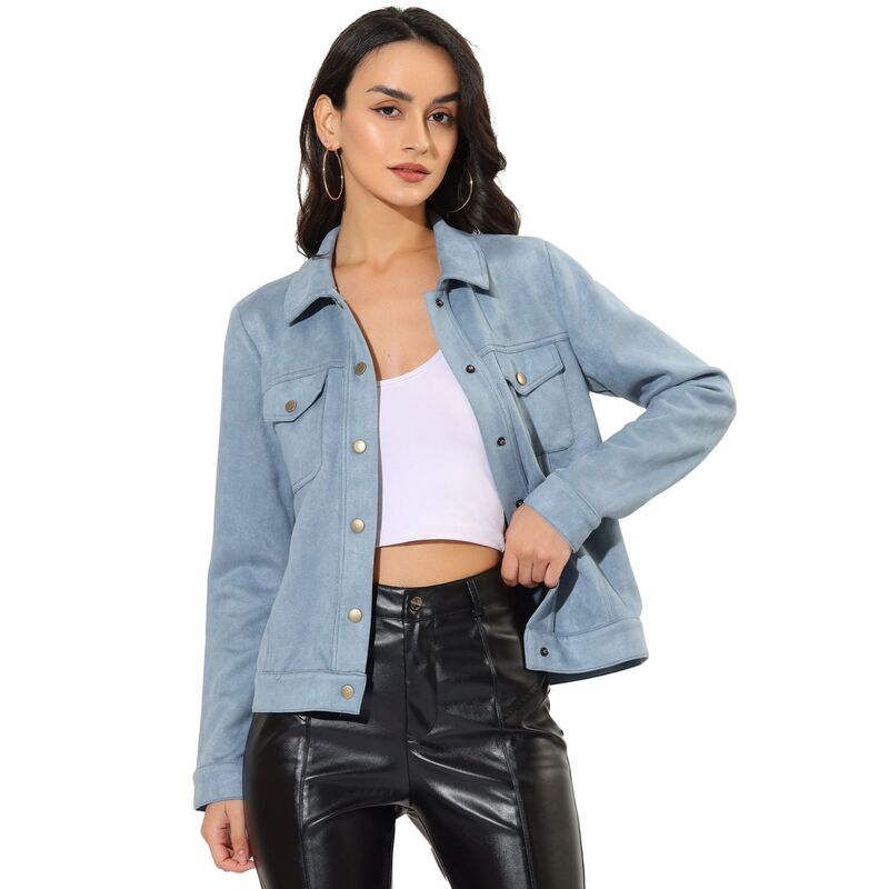 アレグラ ケー レディース アウター ジャケット・ブルゾン スエード ALLEGRA K Women's Jackets Long Sleeve Faux Suede Trucker Motorcycle Jacket Light Blue ブルー|ReVida 店