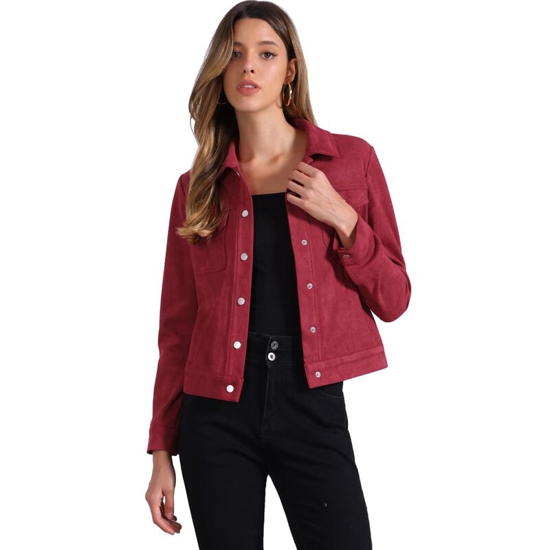 アレグラ ケー レディース アウター ジャケット・ブルゾン スエード ALLEGRA K Women's Jackets Long Sleeve Faux Suede Trucker Motorcycle Jacket Wine Red レッド
