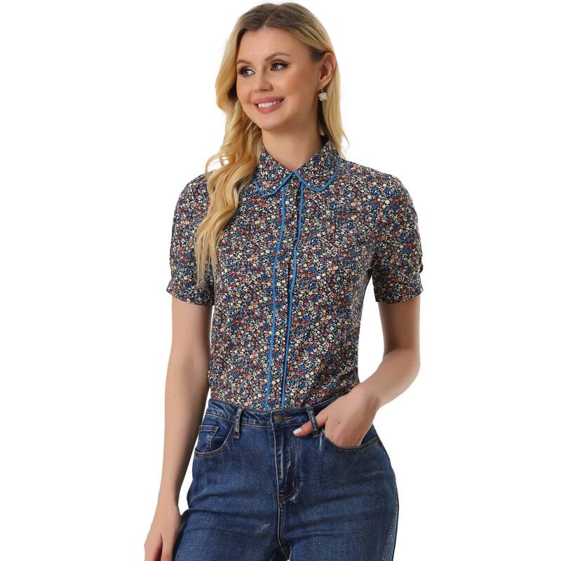 アレグラ ケー レディース トップス シャツ フラワー柄 コントラスト ブラウス フラワー ALLEGRA K Peter Pan Collar Blouse for Women Contrastrim Puffy Sleeve Peasant Floral Shirt Dark Blue ブルー