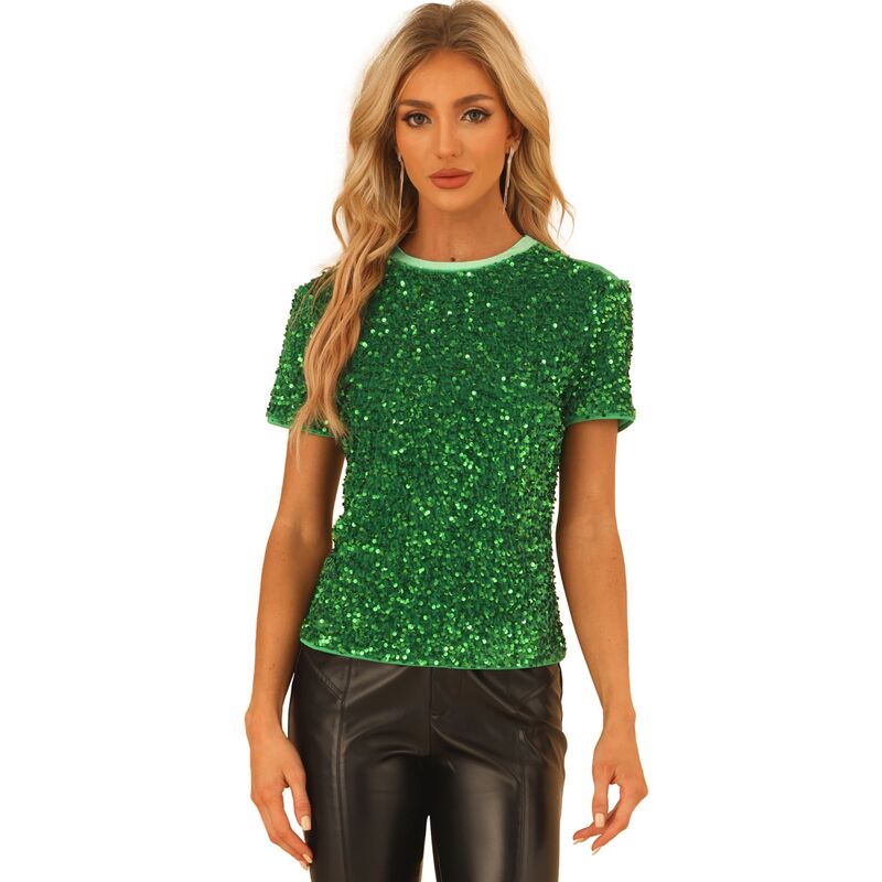 アレグラ ケー レディース トップス シャツ クルーネック ベルベット スパンコール ALLEGRA K Women's Party Crew Neck Short Sleeve Sequin Velvetop Green グリーン