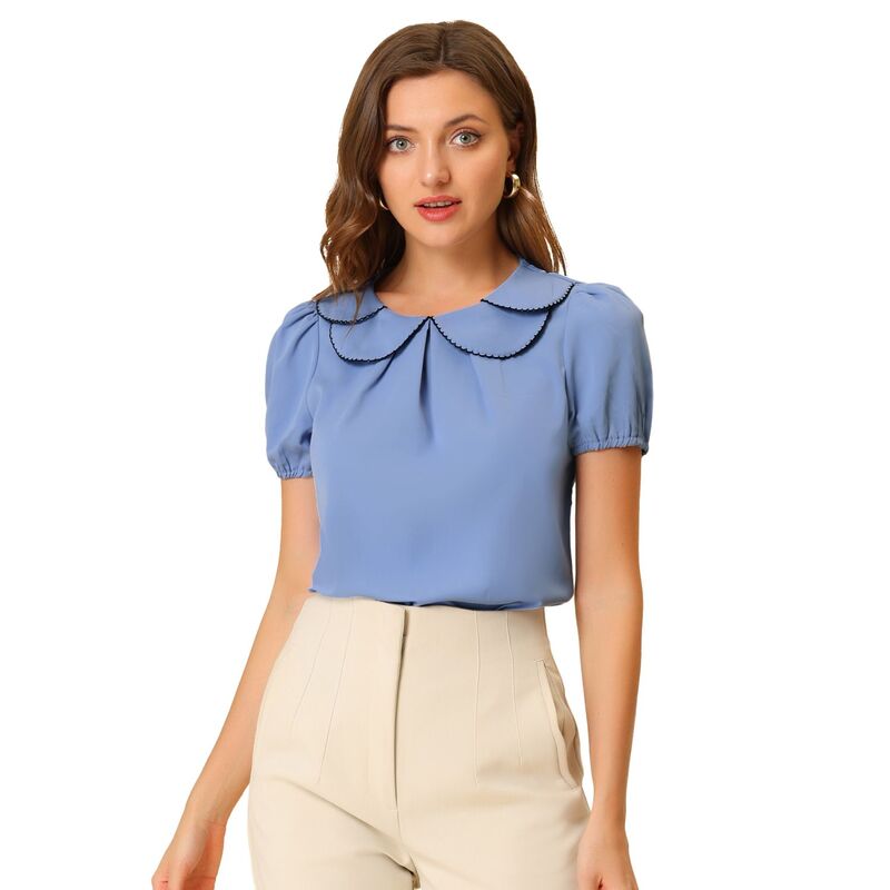 アレグラ ケー レディース トップス シャツ ブラウス ALLEGRA K Women's Puffy Sleeves Tops Peter Pan Collar Blouse Blue ブルー｜ReVida 店