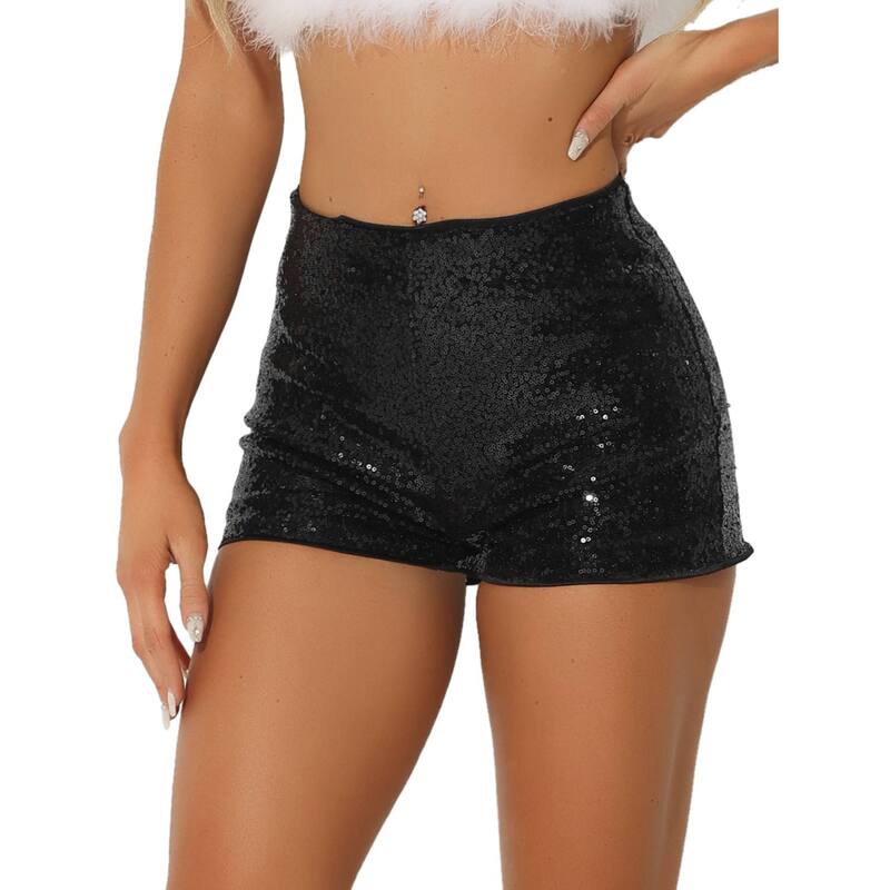 アレグラ ケー レディース ボトムス ハーフパンツ・ショーツ ミッドライズ ショートパンツ スパンコール ALLEGRA K Sequin Short Pants for Women's Midrise Solid Sparkle Coctail Elastic Waist Shorts Black ブラック|ReVida 店