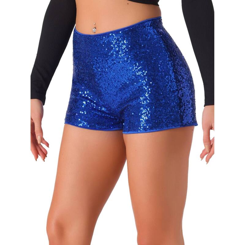 アレグラ ケー レディース ボトムス ハーフパンツ・ショーツ ミッドライズ ショートパンツ スパンコール ALLEGRA K Sequin Short Pants for Women's Midrise Solid Sparkle Coctail Elastic Waist Shorts Blue ブルー