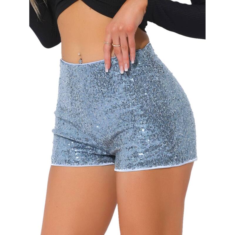 アレグラ ケー レディース ボトムス ハーフパンツ・ショーツ ミッドライズ ショートパンツ スパンコール ALLEGRA K Sequin Short Pants for Women's Midrise Solid Sparkle Coctail Elastic Waist Shorts Grey Blue グレー