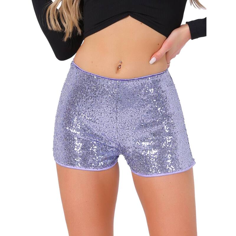 アレグラ ケー レディース ボトムス ハーフパンツ・ショーツ ミッドライズ ショートパンツ スパンコール ALLEGRA K Sequin Short Pants for Women's Midrise Solid Sparkle Coctail Elastic Waist Shorts Light Purple パープル