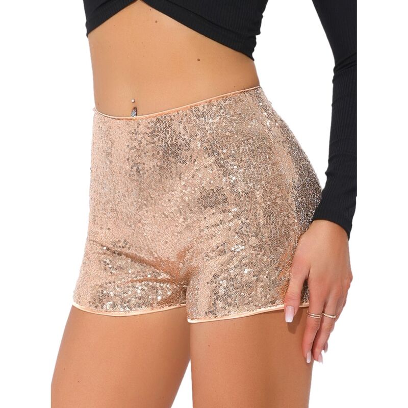 アレグラ ケー レディース ボトムス ハーフパンツ・ショーツ ミッドライズ ショートパンツ スパンコール ALLEGRA K Sequin Short Pants for Women's Midrise Solid Sparkle Coctail Elastic Waist Shorts Rose Gold ゴールド|ReVida 店