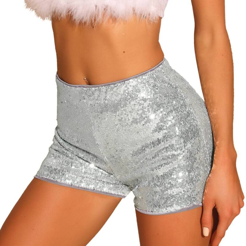 アレグラ ケー レディース ボトムス ハーフパンツ・ショーツ ミッドライズ ショートパンツ スパンコール ALLEGRA K Sequin Short Pants for Women's Midrise Solid Sparkle Coctail Elastic Waist Shortsilver シルバー|ReVida 店