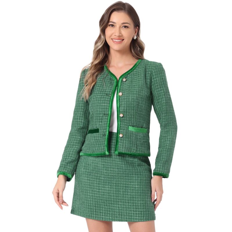 アレグラ ケー レディース アウター ジャケット・ブルゾン ツイード スカート ブレザー ALLEGRA K Women's Outfitset Plaid Tweed Short Blazer Jacket And Skirt Sets Green グリーン｜ReVida 店 22,110円