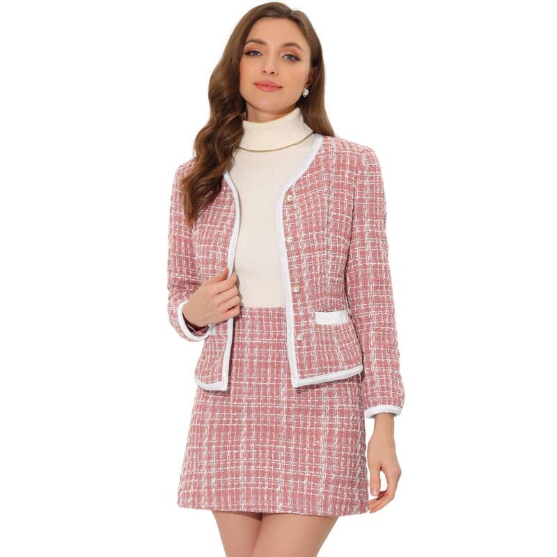 アレグラ ケー レディース アウター ジャケット・ブルゾン ツイード スカート ブレザー ALLEGRA K Women's Outfitset Plaid Tweed Short Blazer Jacket And Skirt Sets Pink ピンク 18,801円
