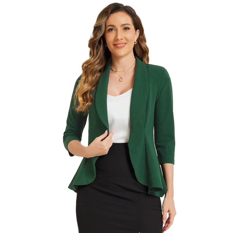 アレグラ ケー レディース アウター ジャケット・ブルゾン ドレープ フリル ブレザー ALLEGRA K Classic Open Front Blazer Jacket For Women's Draped Collar 3/4 Sleeve Ruffle Jacket Outerwear Dark Green グリーン