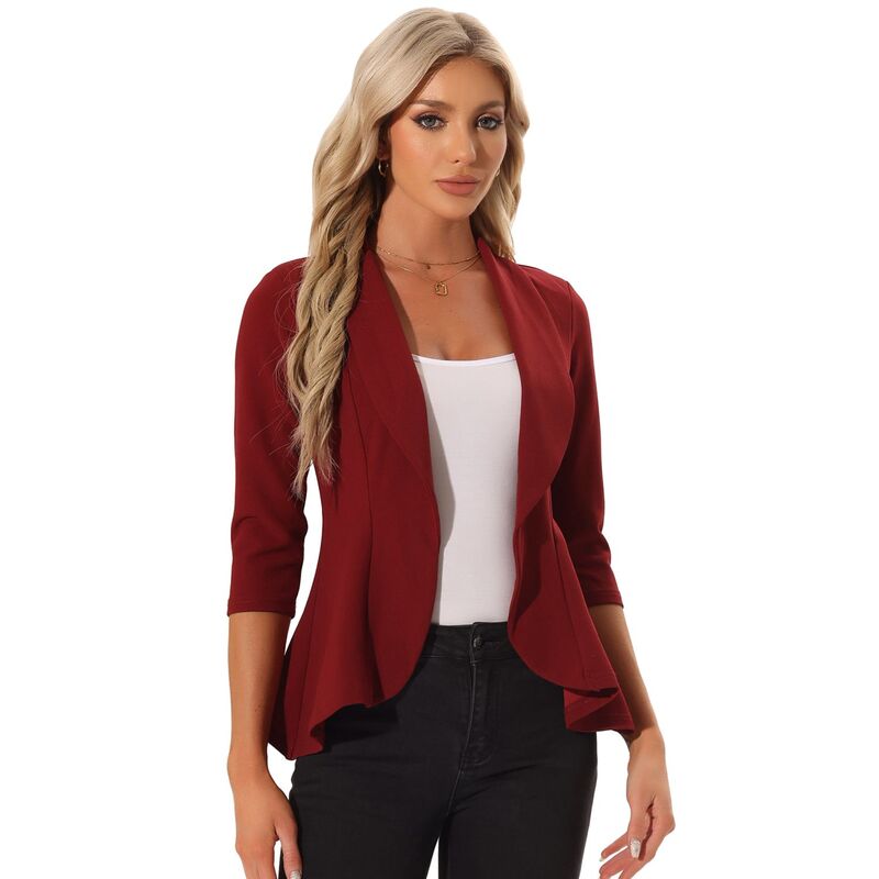 アレグラ ケー レディース アウター ジャケット・ブルゾン ドレープ フリル ブレザー ALLEGRA K Classic Open Front Blazer Jacket For Women's Draped Collar 3/4 Sleeve Ruffle Jacket Outerweared レッド