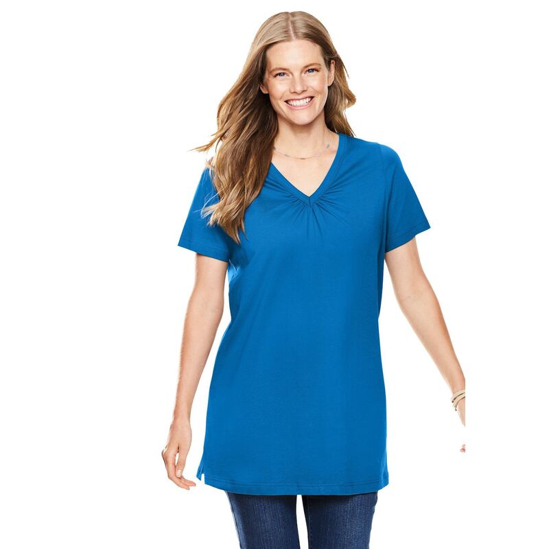 ウーマン ウィズイン レディース トップス Tシャツ Vネック プラスサイズ 半袖 Woman Within Plusize Perfect Short-Sleeve Shirred V-Neck Tunic Bright Cobalt コバルト