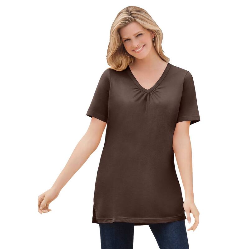 ウーマン ウィズイン レディース トップス Tシャツ Vネック プラスサイズ 半袖 Woman Within Plusize Perfect Short-Sleeve Shirred V-Neck Tunichocolate チョコレート