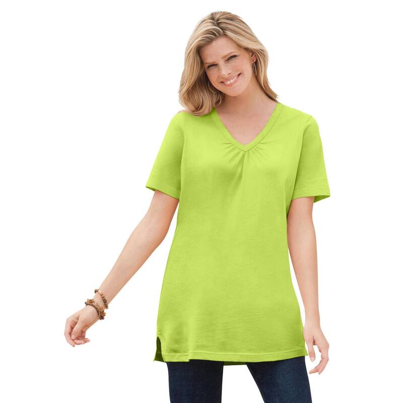 ウーマン ウィズイン レディース トップス Tシャツ Vネック プラスサイズ 半袖 Woman Within Plusize Perfect Short-Sleeve Shirred V-Neck Tunic Lime ライム