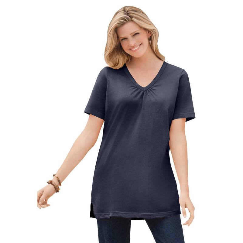 ウーマン ウィズイン レディース トップス Tシャツ Vネック プラスサイズ 半袖 Woman Within Plusize Perfect Short-Sleeve Shirred V-Neck Tunic Navy ネイビー