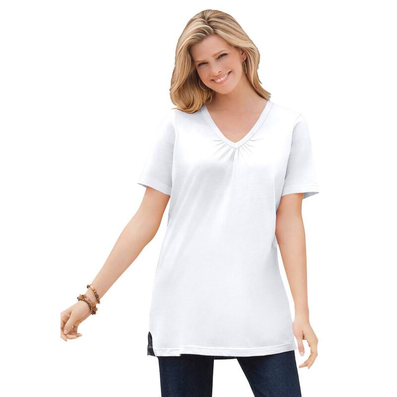 ウーマン ウィズイン レディース トップス Tシャツ Vネック プラスサイズ 半袖 Woman Within Plusize Perfect Short-Sleeve Shirred V-Neck Tunic White ホワイト