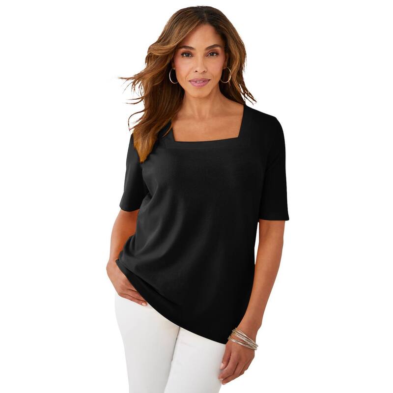 ジェシカ英国の首都 レディース トップス プルオーバー 足し加える大きさ 綿織物 Jessica London Women\u0027s Plusize Stretch Cotton Square Neck Tee Black 黒いこと
