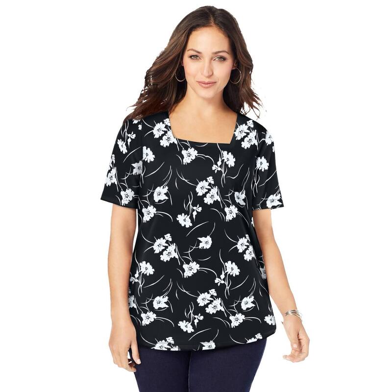 ジェシカ英国の首都 レディース トップス プルオーバー 足し加える大きさ 綿織物 Jessica London Women\u0027s Plusize Stretch Cotton Square Neck Tee Black Tossed Floral 黒いこと