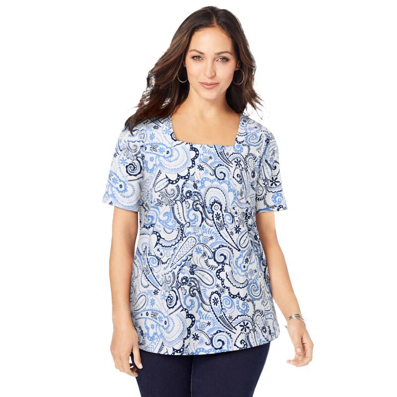 ジェシカ英国の首都 レディース トップス プルオーバー 足し加える大きさ 綿織物 Jessica London Women\u0027s Plusize Stretch Cotton Square Neck Tee Blue Pretty Paisley 青色
