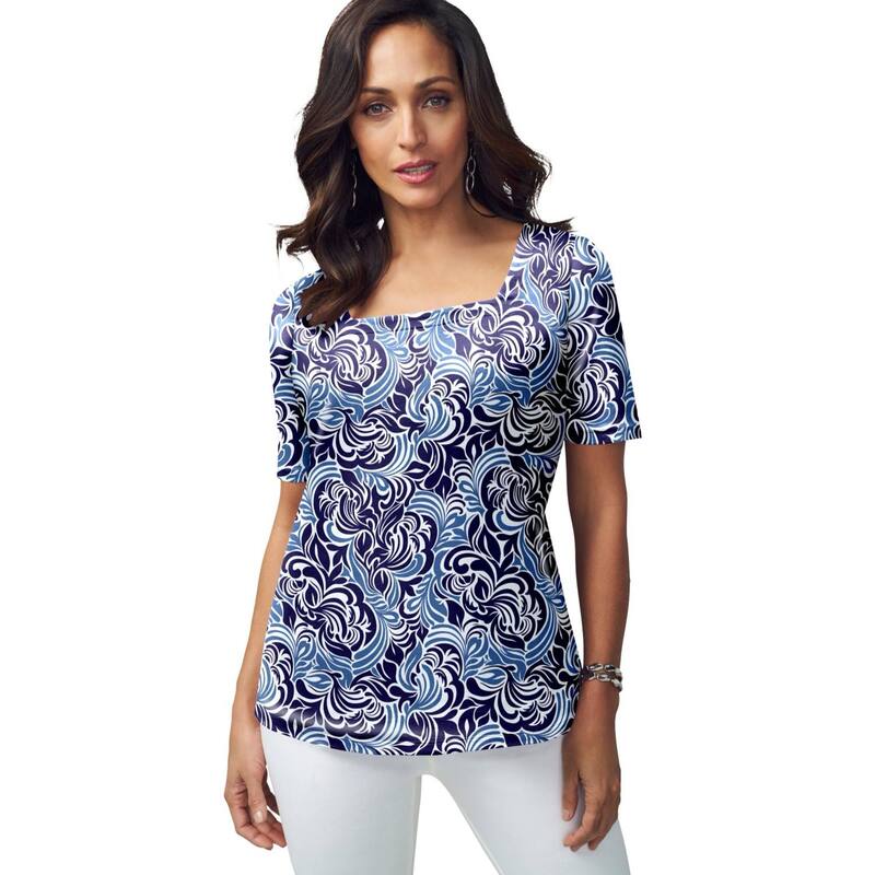 ジェシカ英国の首都 レディース トップス プルオーバー 足し加える大きさ 綿織物 Jessica London Women\u0027s Plusize Stretch Cotton Square Neck Tee Blue Scroll 青色