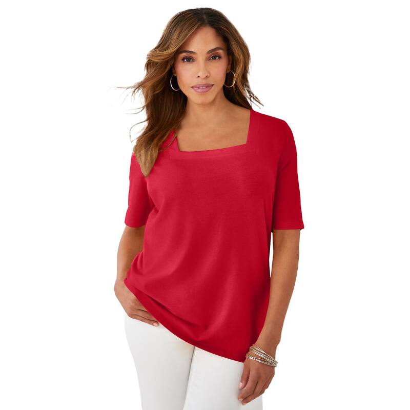 ジェシカ英国の首都 レディース トップス プルオーバー 足し加える大きさ 綿織物 Jessica London Women\u0027s Plusize Stretch Cotton Square Neck Tee Classic Red 赤いこと