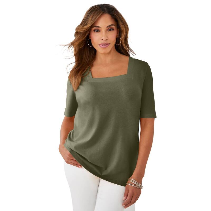 ジェシカ英国の首都 レディース トップス プルオーバー 足し加える大きさ 綿織物 Jessica London Women\u0027s Plusize Stretch Cotton Square Neck Tee Dark Olive Green 緑であること