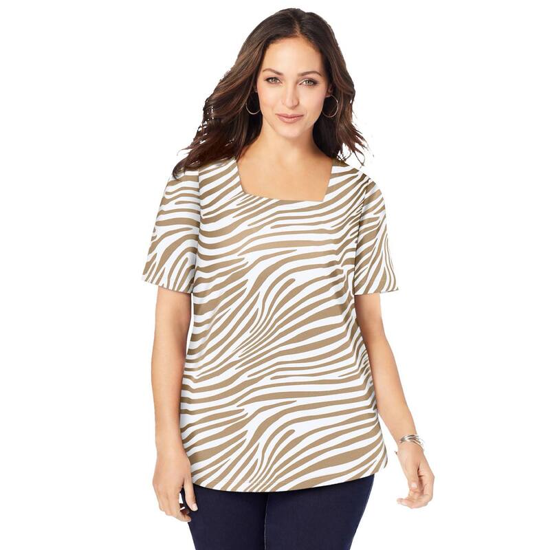 ジェシカロンドン レディース トップス Tシャツ プラスサイズ コットン Jessica London Women's Plusize Stretch Cotton Square Neck Tee Khaki White Zebra ホワイト