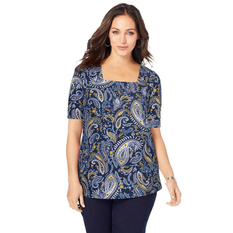 ジェシカ英国の首都 レディース トップス プルオーバー 足し加える大きさ 綿織物 Jessica London Women\u0027s Plusize Stretch Cotton Square Neck Tee Navy Paisley 米国海軍
