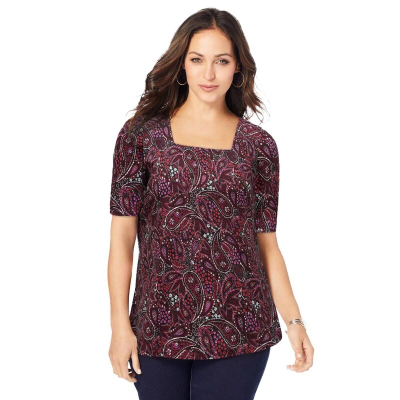 ジェシカ英国の首都 レディース トップス プルオーバー 足し加える大きさ 綿織物 Jessica London Women\u0027s Plusize Stretch Cotton Square Neck Tee Rich Burgundy Garden バーガンディ