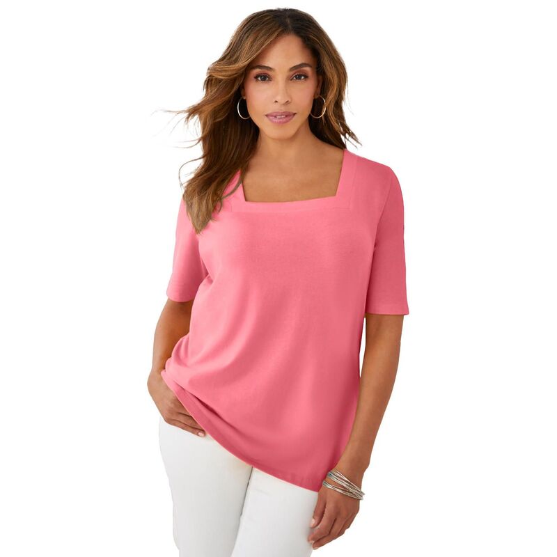 ジェシカ英国の首都 レディース トップス プルオーバー 足し加える大きさ 綿織物 Jessica London Women\u0027s Plusize Stretch Cotton Square Neck Tee Tea Rose
