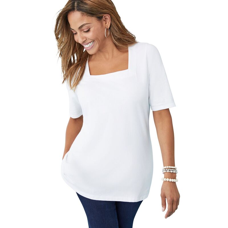 ジェシカ英国の首都 レディース トップス プルオーバー つけ加える大きさ 綿織物 Jessica London Women\u0027s Plusize Stretch Cotton Square Neck Tee White 白いこと