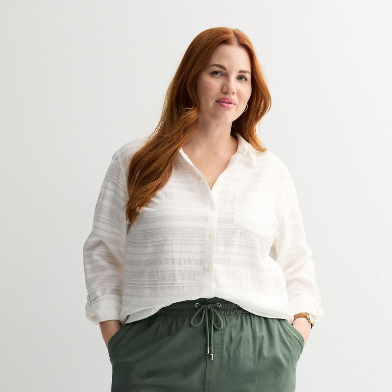 クロフト＆バロー レディース トップス シャツ ボタンダウン プラスサイズ ダウン ブラウス Plusize Croft & Barrow Textured Button Down Collared Blouse Light Natural