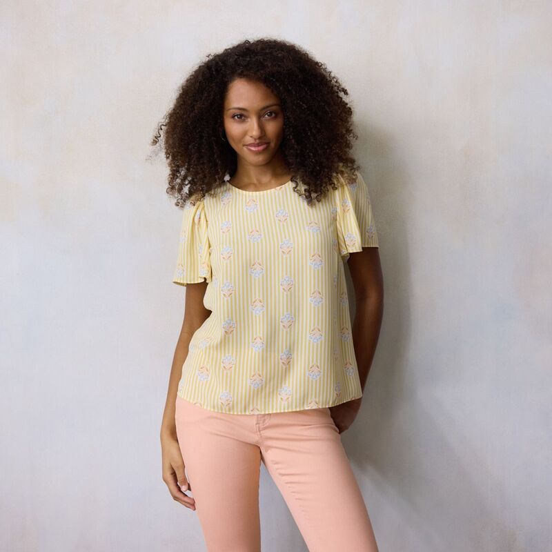 LC Lauren Conrad レディース トップス プルオーバー プチ トップ Petite LC Lauren Conrad Flutter Short Sleeve Blouse Ylw Syd Bloomstripe 縞模様