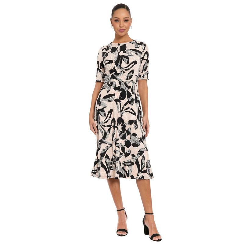 ロンドンタイムス レディース トップス ワンピース A ライン プリント ミディ Women's London Times Printed Midi A-Line Dress Tan Black ブラック|ReVida 店
