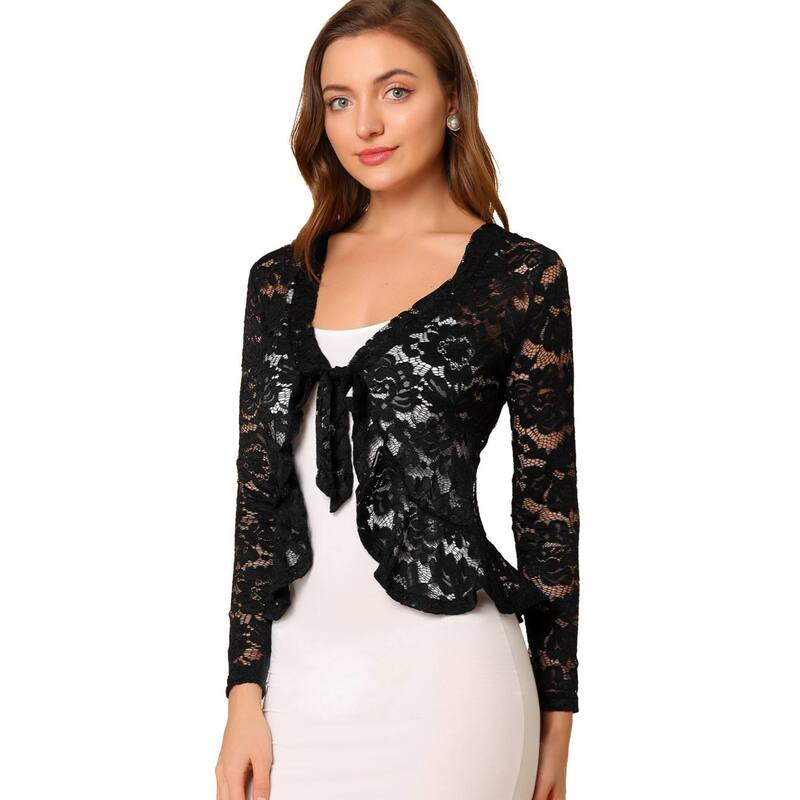 アレグラ ケー レディース トップス シャツ フラワー柄 フリル シアー カーディガン レース フラワー ALLEGRA K Women Tie Front Crop Cardigan Ruffled Hem Floralace Sheer Shrug Black ブラック