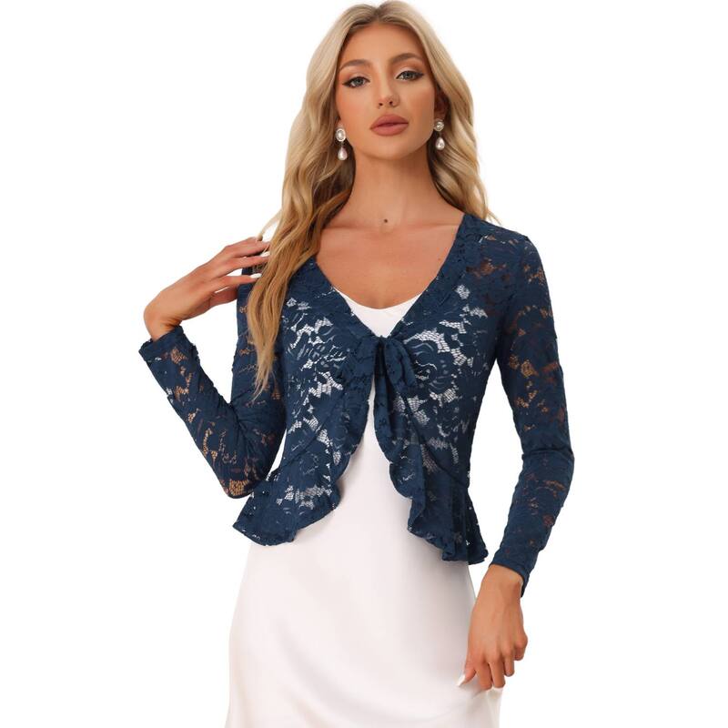 アレグラ ケー レディース トップス シャツ フラワー柄 フリル シアー カーディガン レース フラワー ALLEGRA K Women's Tie Front Crop Cardigan Ruffled Hem Floralace Sheer Shrug Dark Blue ブルー｜ReVida 店