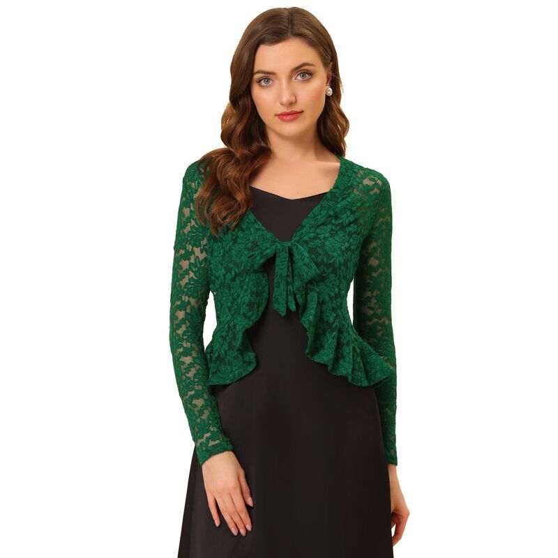 アレグラ ケー レディース トップス シャツ フラワー柄 フリル シアー カーディガン レース フラワー ALLEGRA K Women's Tie Front Crop Cardigan Ruffled Hem Floralace Sheer Shrug Dark Green グリーン 9,235円
