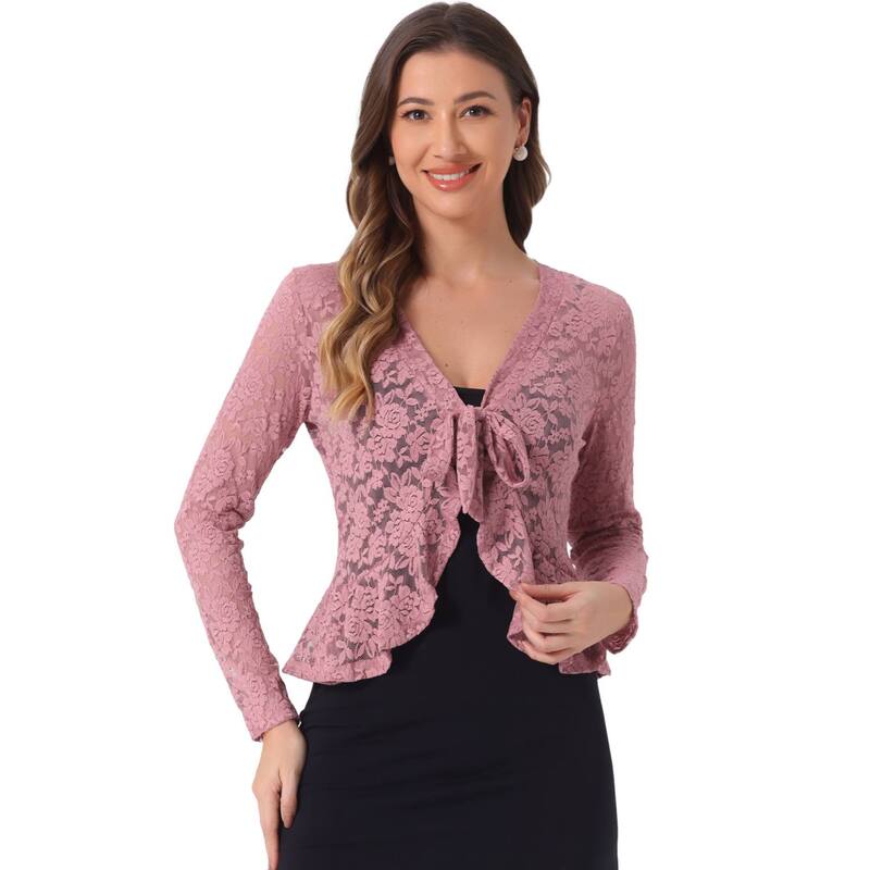 アレグラ ケー レディース トップス シャツ フラワー柄 フリル シアー カーディガン レース フラワー ALLEGRA K Women Tie Front Crop Cardigan Ruffled Hem Floralace Sheer Shrug Dark Pink ピンク