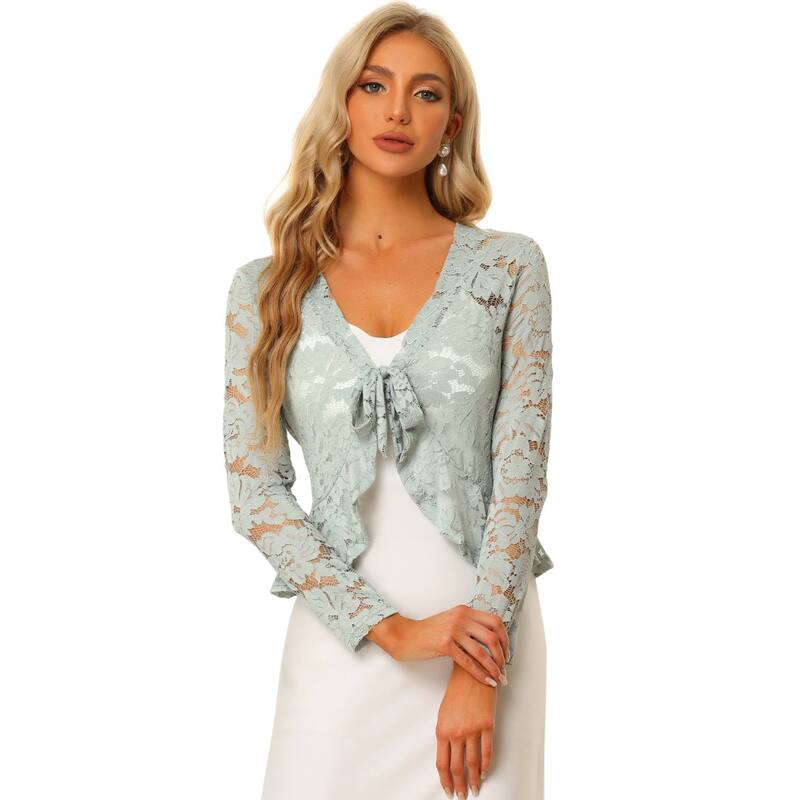 アレグラ ケー レディース トップス シャツ フラワー柄 フリル シアー カーディガン レース フラワー ALLEGRA K Women's Tie Front Crop Cardigan Ruffled Hem Floralace Sheer Shrugrey グレー｜ReVida 店