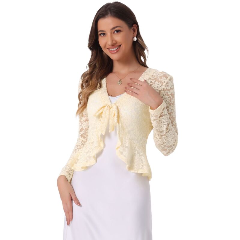 アレグラ ケー レディース トップス シャツ フラワー柄 フリル シアー カーディガン レース フラワー ALLEGRA K Women Tie Front Crop Cardigan Ruffled Hem Floralace Sheer Shrug Light Beige ベージュ