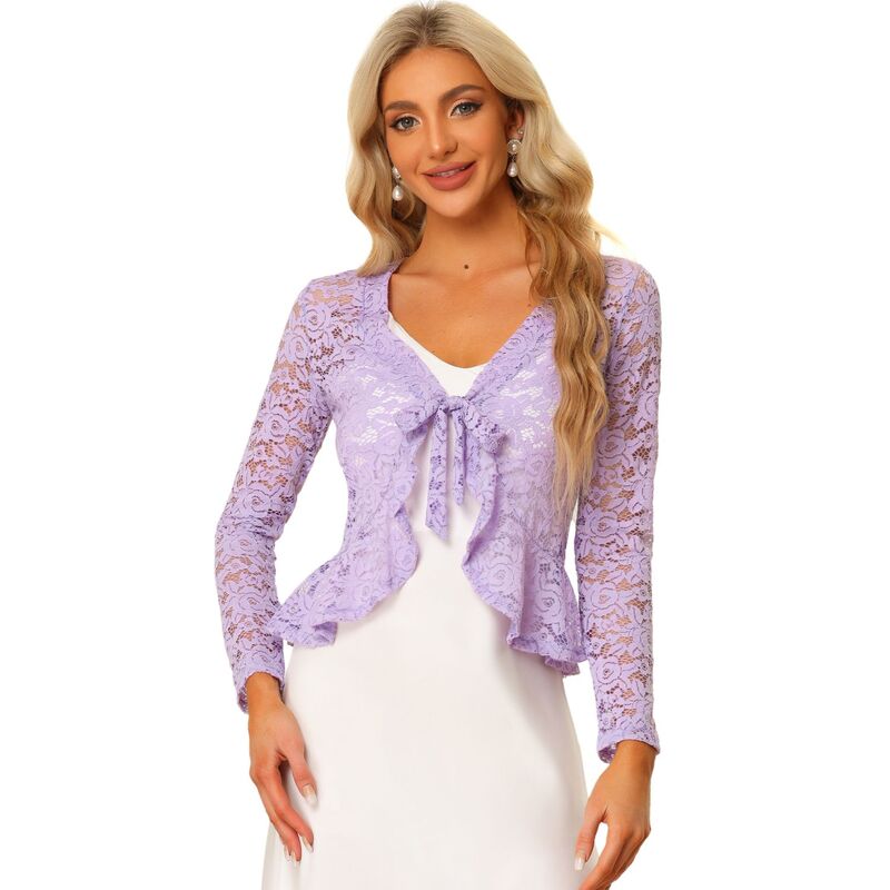 アレグラ ケー レディース トップス シャツ フラワー柄 フリル シアー カーディガン レース フラワー ALLEGRA K Women Tie Front Crop Cardigan Ruffled Hem Floralace Sheer Shrug Light Purple パープル