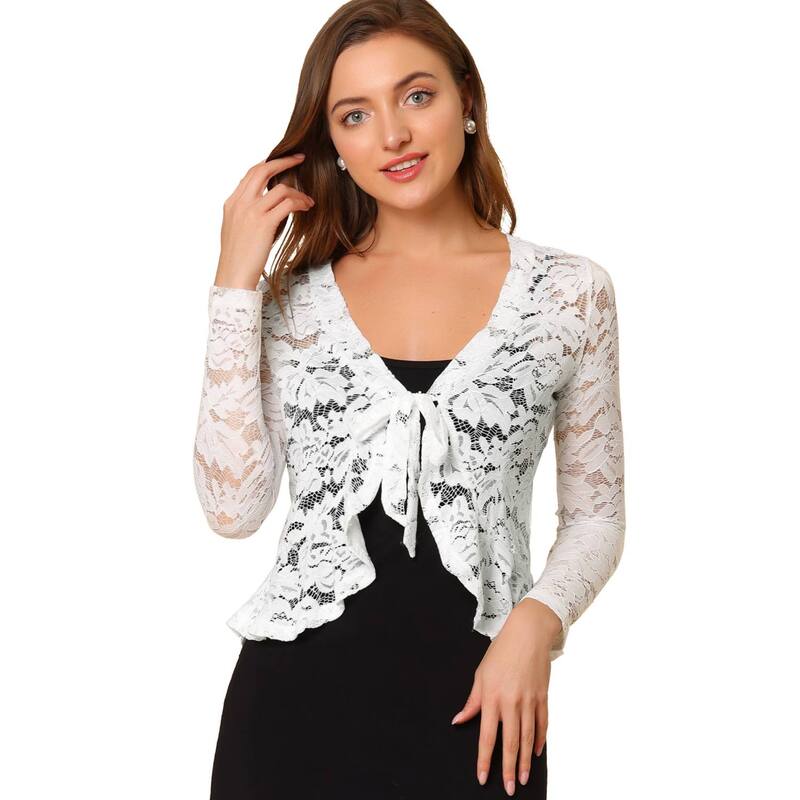 アレグラ ケー レディース トップス シャツ フラワー柄 フリル シアー カーディガン レース フラワー ALLEGRA K Women's Tie Front Crop Cardigan Ruffled Hem Floralace Sheer Shrug White ホワイト｜ReVida 店 10,380円