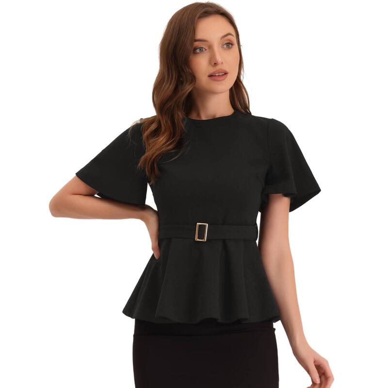 アレグラ ケー レディース トップス シャツ ブラウス ALLEGRA K Peplum Blouse for Women's Round Neck Bell Sleeve Belted Waist Office Blouse Black ブラック
