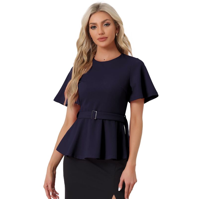 アレグラ ケー レディース トップス シャツ ブラウス ALLEGRA K Peplum Blouse for Women's Round Neck Bell Sleeve Belted Waist Office Blouse Dark Blue ブルー