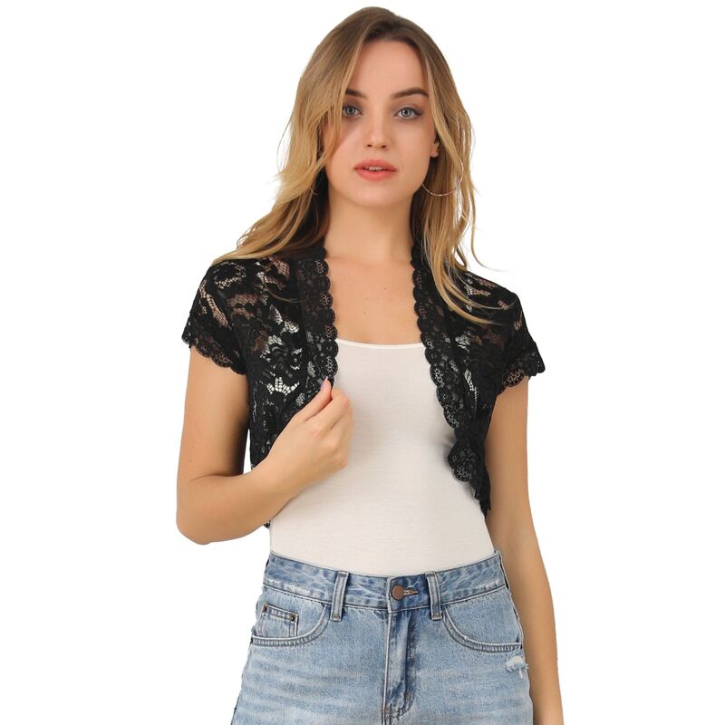 アレグラ ケー レディース トップス シャツ フラワー柄 シアー レース フラワー ALLEGRA K Women's Elegant Short Sleeve Sheer Floralace Shrug Top Black ブラック