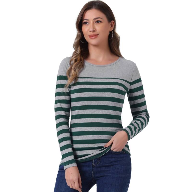 アレグラ ケー レディース トップス シャツ ALLEGRA K Women's Color Block Long Sleeve Striped Causal T-Shirt Dark Green Grey グレー 10,980円