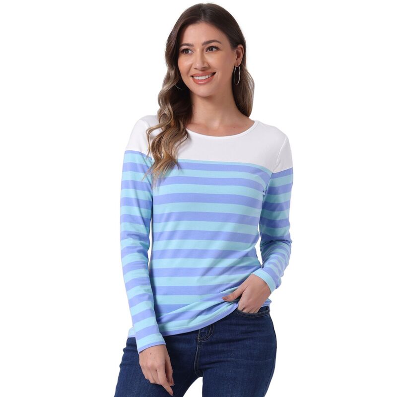 アレグラ ケー レディース トップス シャツ ALLEGRA K Women's Color Block Long Sleeve Striped Causal T-Shirt Dark Light Blue ブルー 10,980円