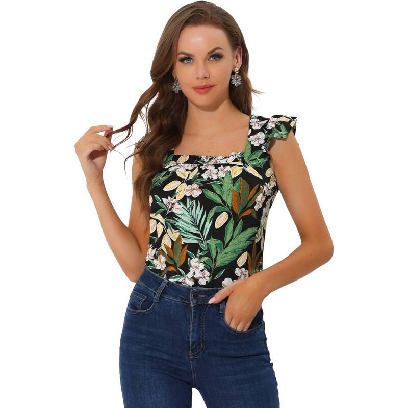 アレグラ ケー レディース トップス Tシャツ プリント フリル ALLEGRA K Women's Tropical Printed Square Neck Ruffle Tank Top Black ブラック|ReVida 店
