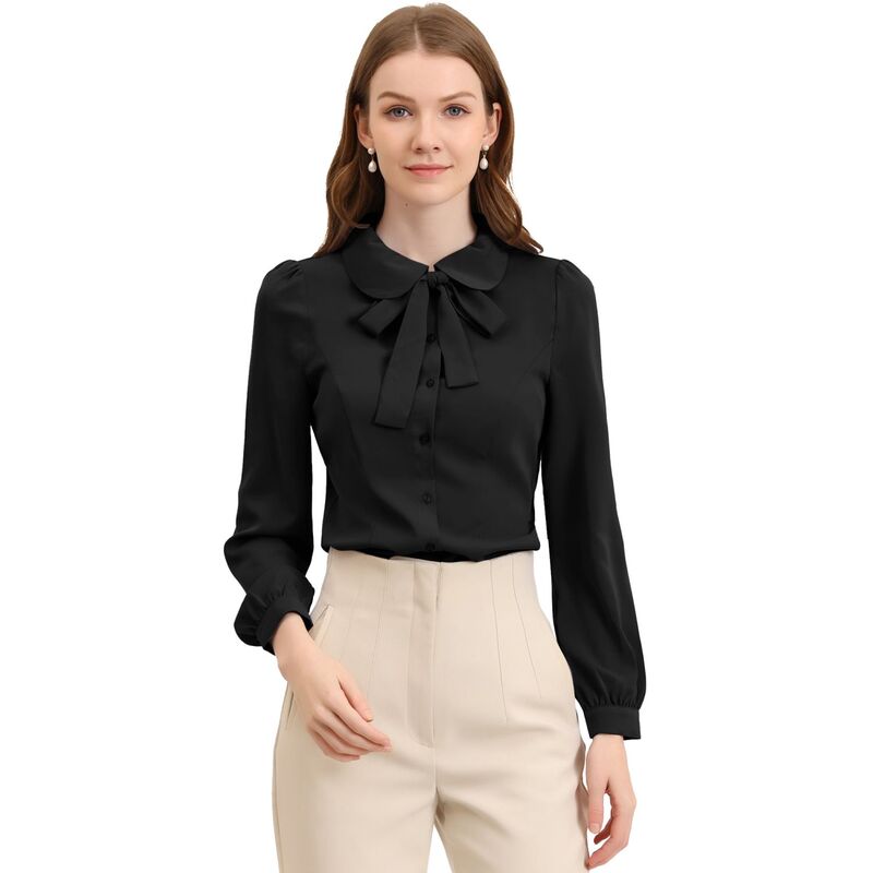 アレグラ ケー レディース トップス シャツ ボタンダウン ブラウス ALLEGRA K Women's Button Down Shirt Peter Pan Collar Tie Neck Workwear Blouses Black ブラック